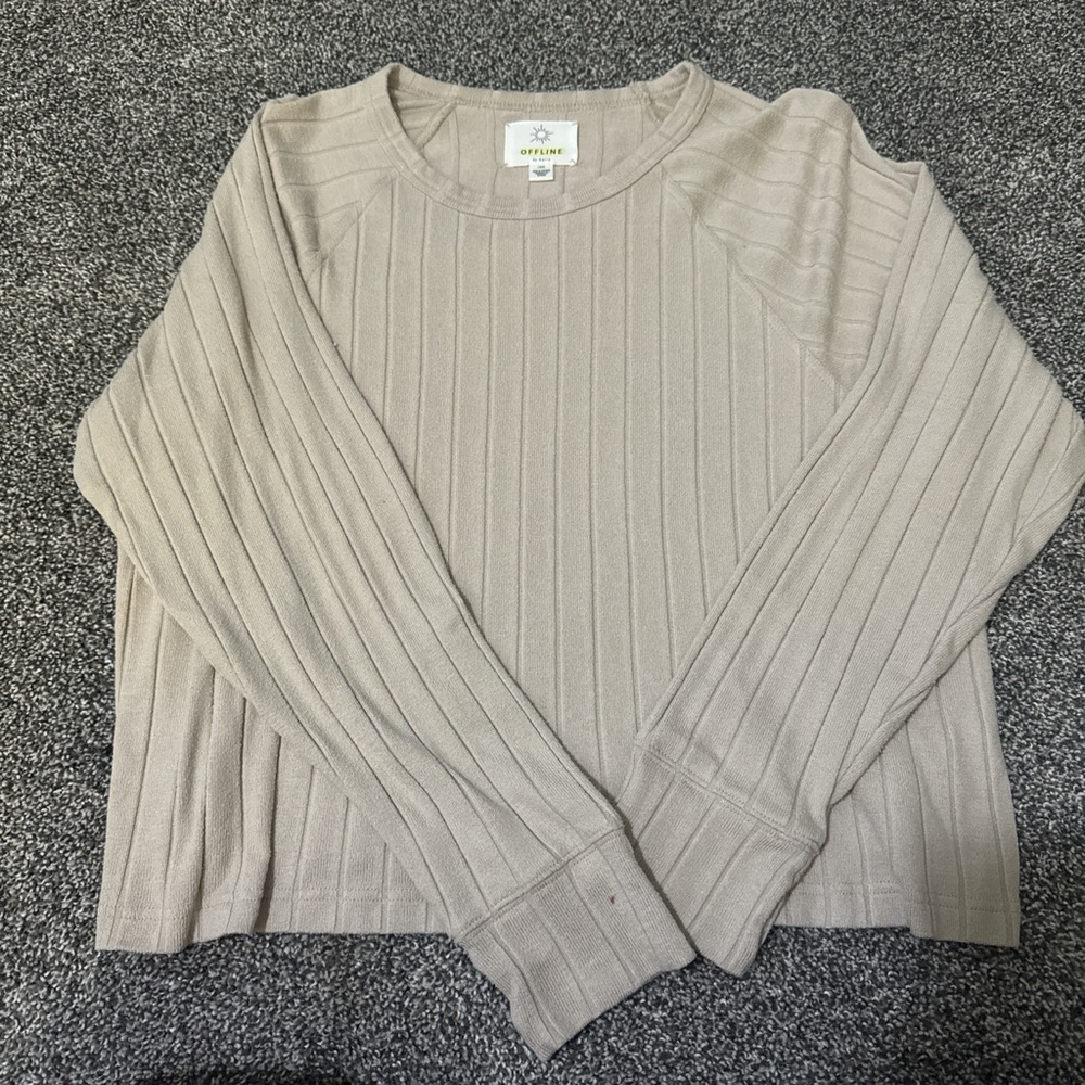 Aerie Ribbed Crew Neck Sweater - Beige